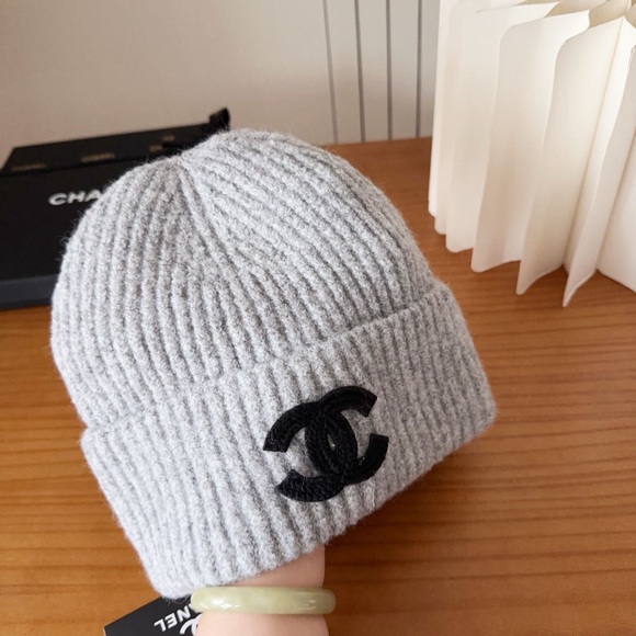 CHANEL Accessories - CHANEL Light Gray Ribbed Beanie